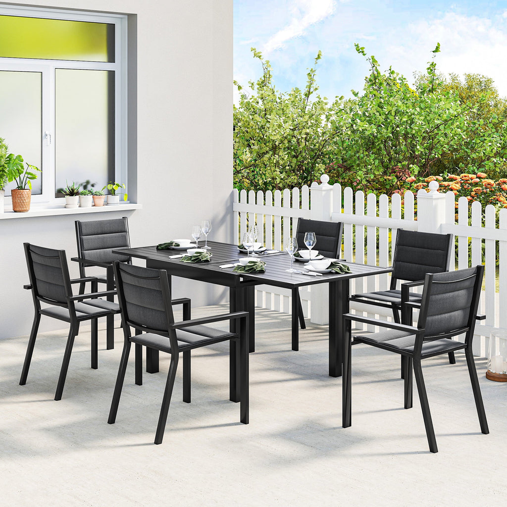 7pc Patio Dining Set with Expandable Table and Stackable Chairs, Black