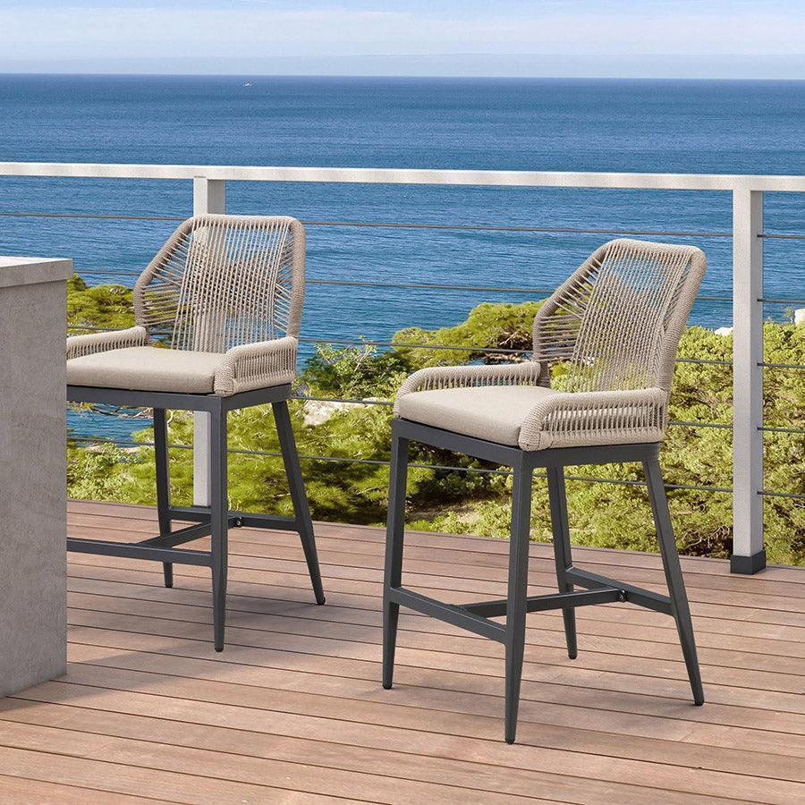 PURPLE LEAF Patio Sunbrella Bar Stools Set of 2  Rattan Bar Aluminum Bar Stool Outdoor Barstools with Back and Cushion for Garden Kitchen Island