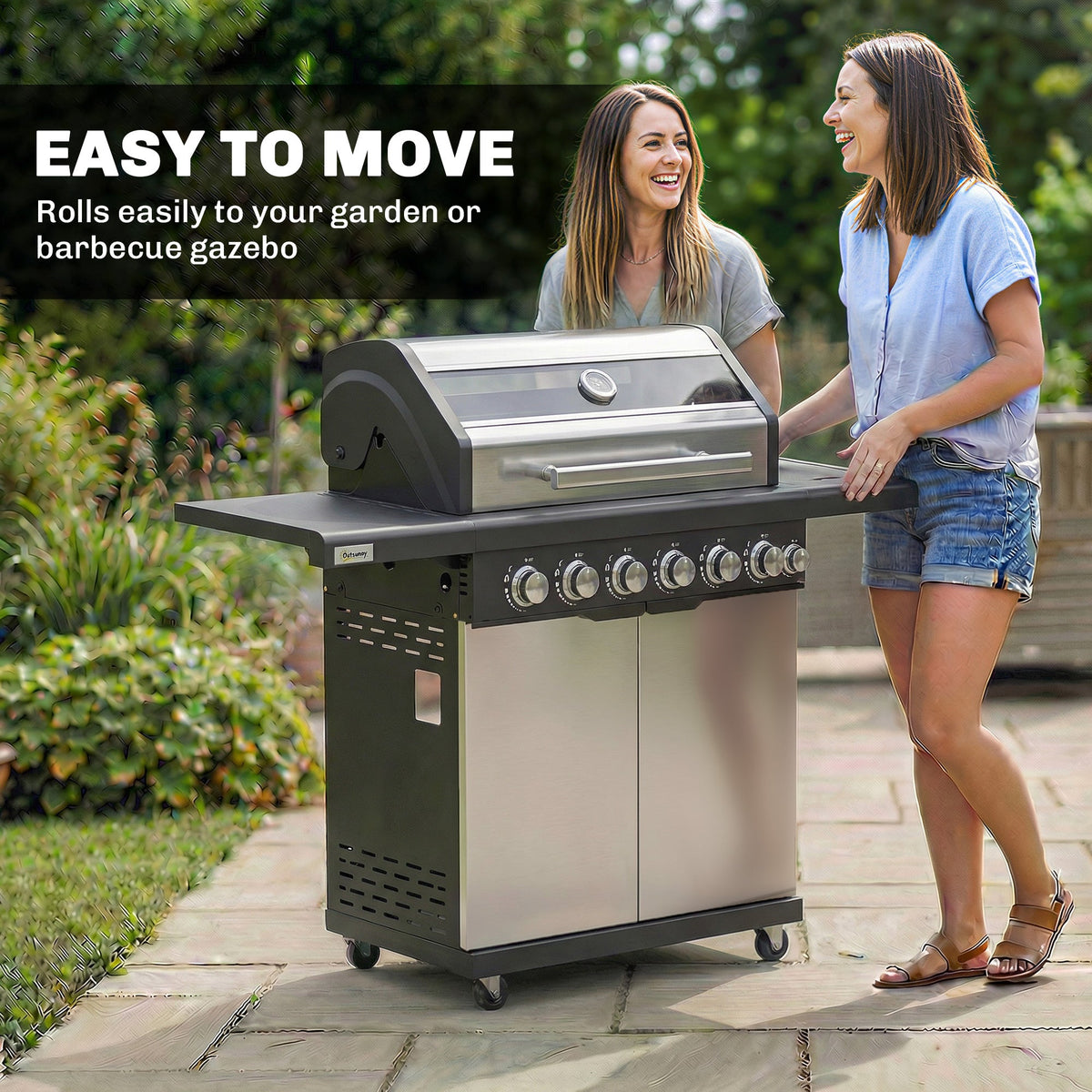 6+1 Burner Gas BBQ Grill with Cabinet and Viewing Window, Silver Tone