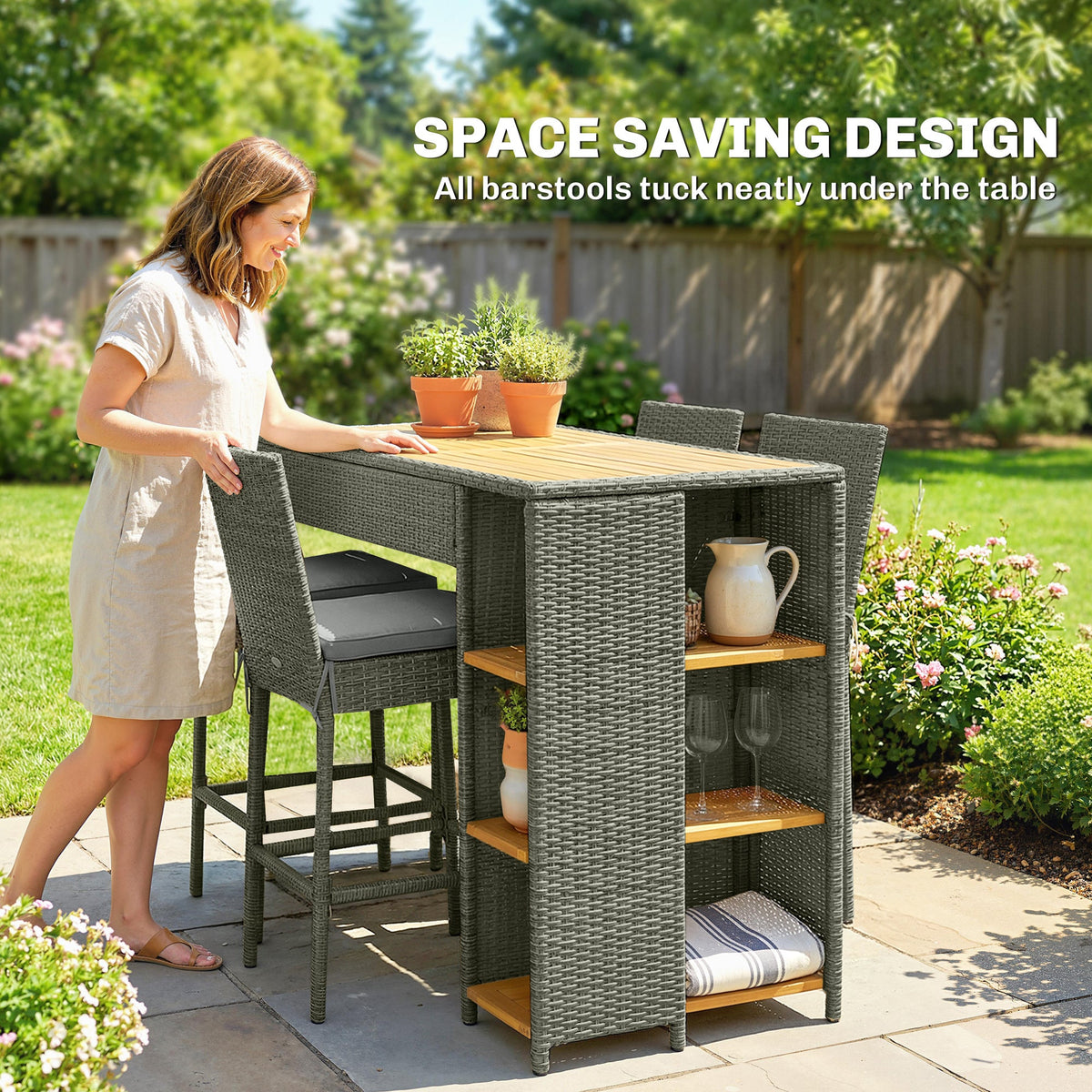 5 Piece Outdoor Bar Set with Storage Table and Cushions, Gray