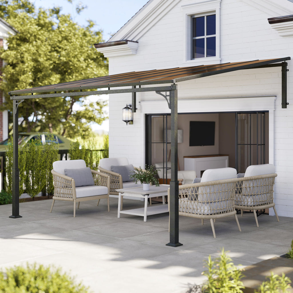 11' x 10' Wall Mounted Lean-to Pergola with Polycarbonate Roof, Brown