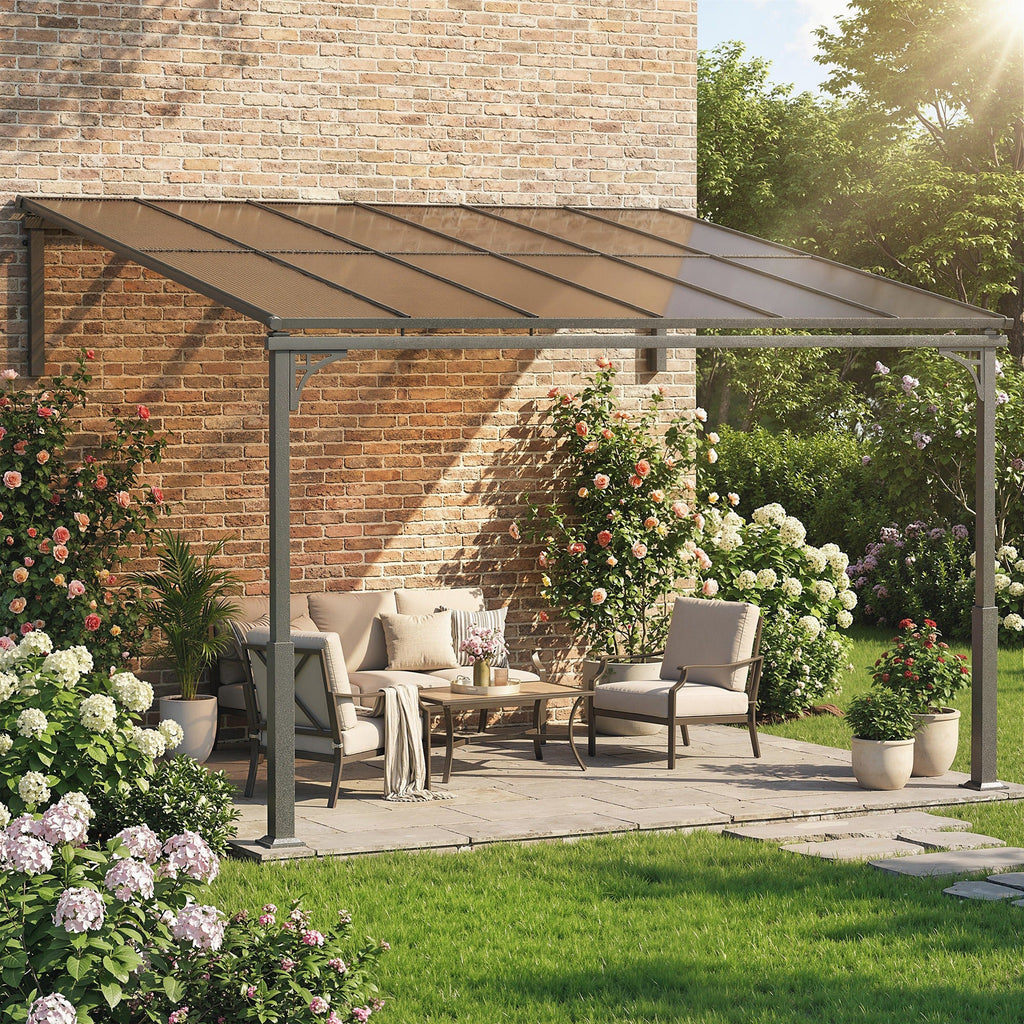 11' x 10' Wall Mounted Lean-to Pergola with Polycarbonate Roof, Brown
