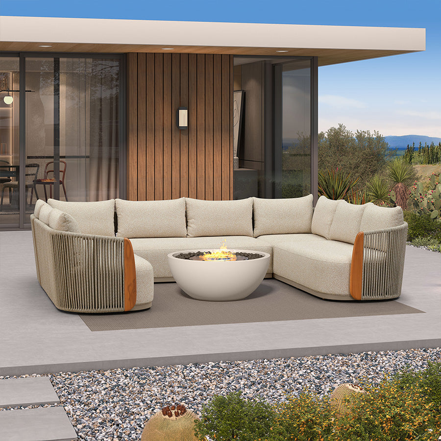 PURPLE LEAF Hailar U-Shaped Patio Conversation Set with Genuine Teak Cushions and Pillows Olefin Rope Backrest Outdoor Couch Sets for Porch Garden