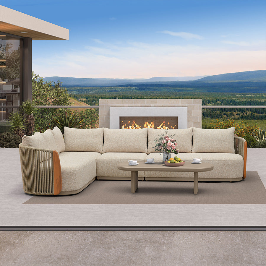 PURPLE LEAF Hailar L-Shaped Patio Conversation Set with Genuine Teak Cushions and Pillows Olefin Rope Backrest Outdoor Couch Sets for Backyard Porch
