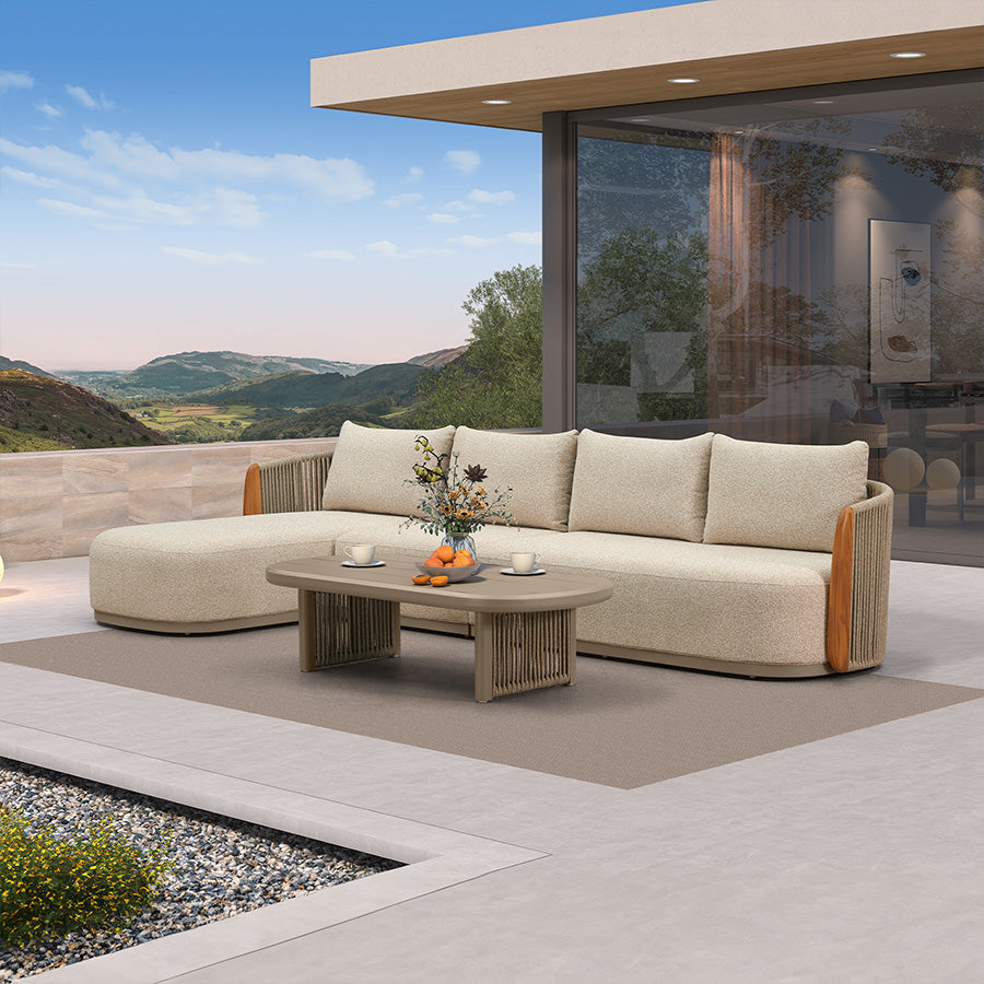 PURPLE LEAF Hailar L-Shaped Patio Conversation Set with Genuine Teak Cushions and Pillows Olefin Rope Backrest Outdoor Couch Sets for Backyard Porch