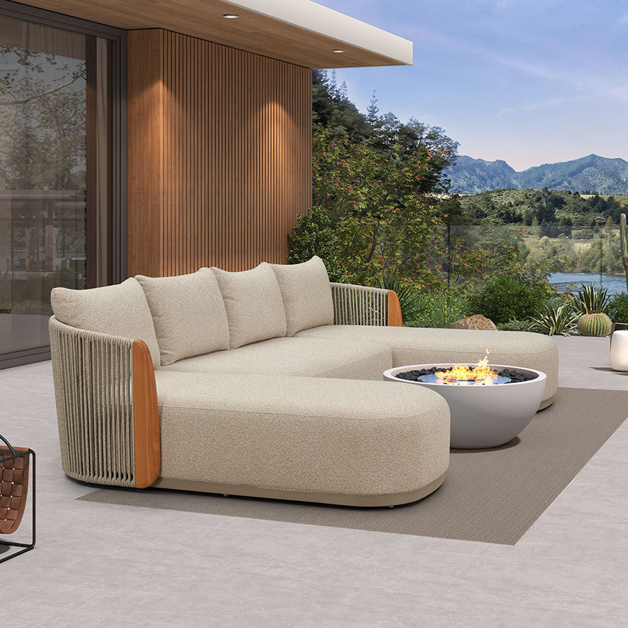 PURPLE LEAF Hailar U-Shaped Patio Conversation Set with Genuine Teak Cushions and Pillows Olefin Rope Backrest Outdoor Couch Sets for Porch Garden