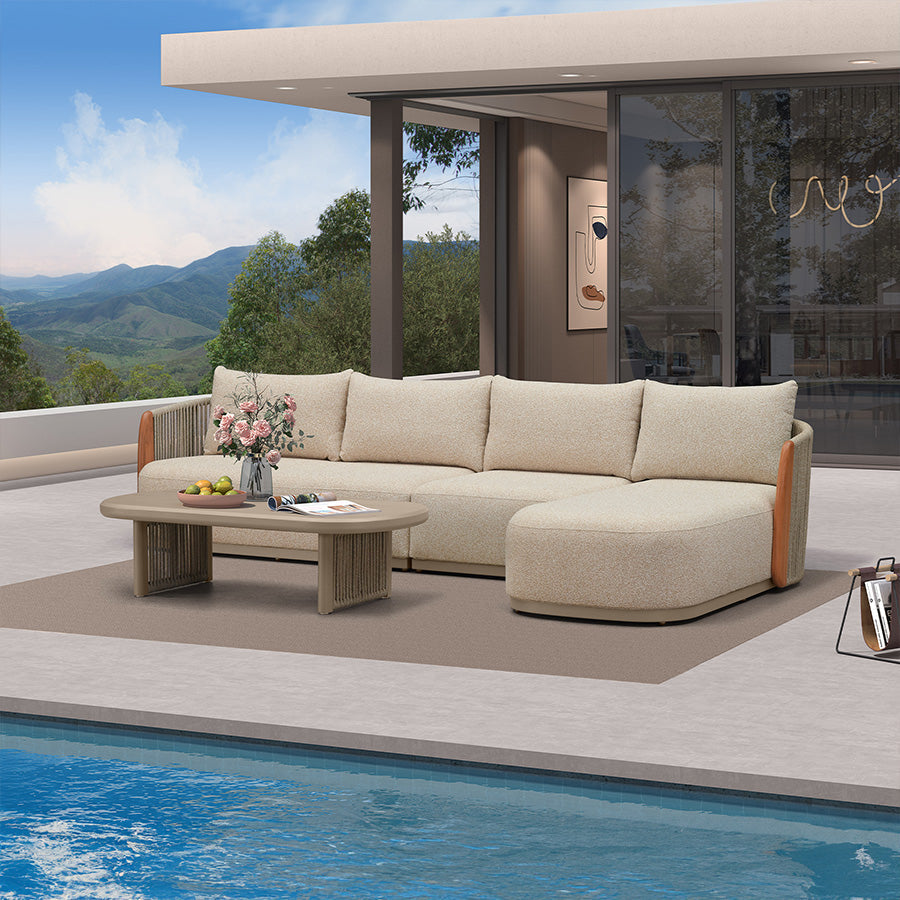 PURPLE LEAF Hailar L-Shaped Patio Conversation Set with Genuine Teak Cushions and Pillows Olefin Rope Backrest Outdoor Couch Sets for Backyard Porch