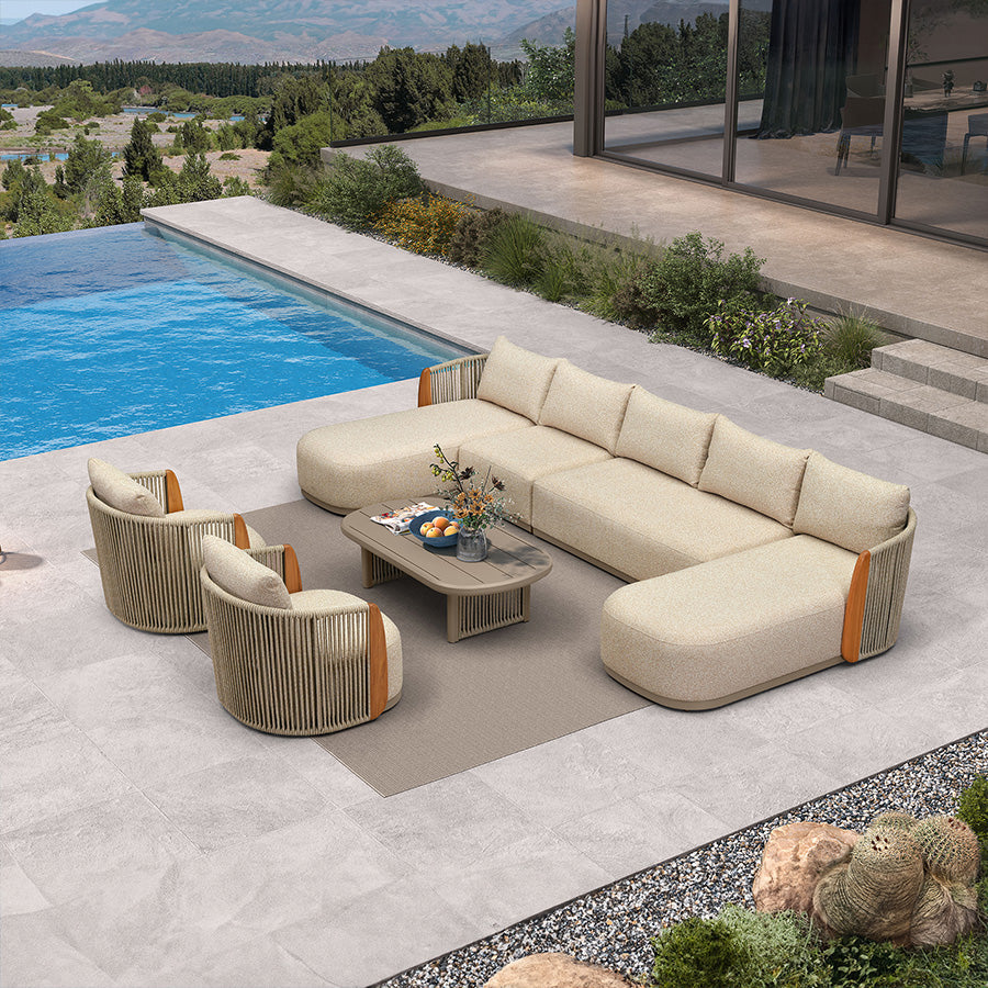 PURPLE LEAF Hailar U-Shaped Patio Conversation Set with Genuine Teak Cushions and Pillows Olefin Rope Backrest Outdoor Couch Sets for Porch Garden