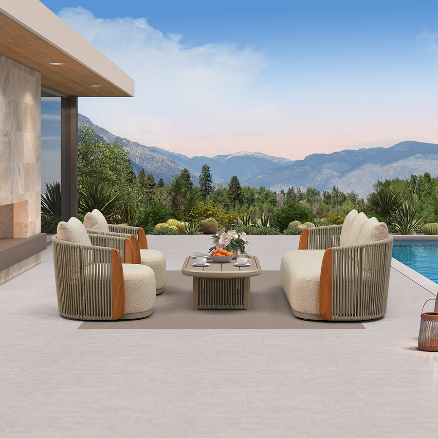 PURPLE LEAF Hailar U-Shaped Patio Conversation Set with Genuine Teak Cushions and Pillows Olefin Rope Backrest Outdoor Couch Sets for Porch Garden