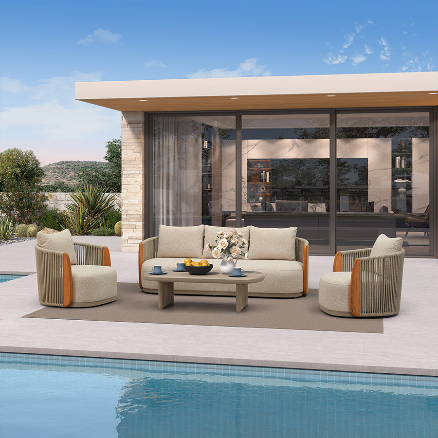 PURPLE LEAF Hailar U-Shaped Patio Conversation Set with Genuine Teak Cushions and Pillows Olefin Rope Backrest Outdoor Couch Sets for Porch Garden