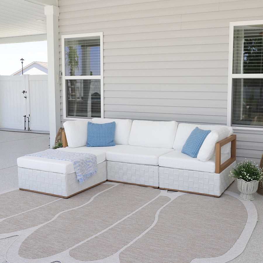 PURPLE LEAF Griffin L-shaped Patio Conversation Set White with Cushion Pillows Ottoman and Premium Leather for Patio Balcony
