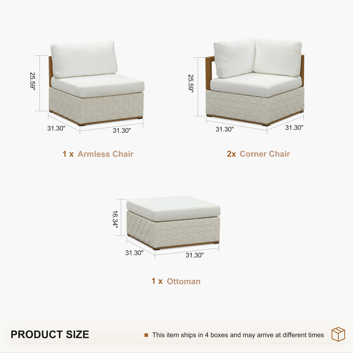 PURPLE LEAF Griffin L-shaped Patio Conversation Set White with Cushion Pillows Ottoman and Premium Leather for Patio Balcony