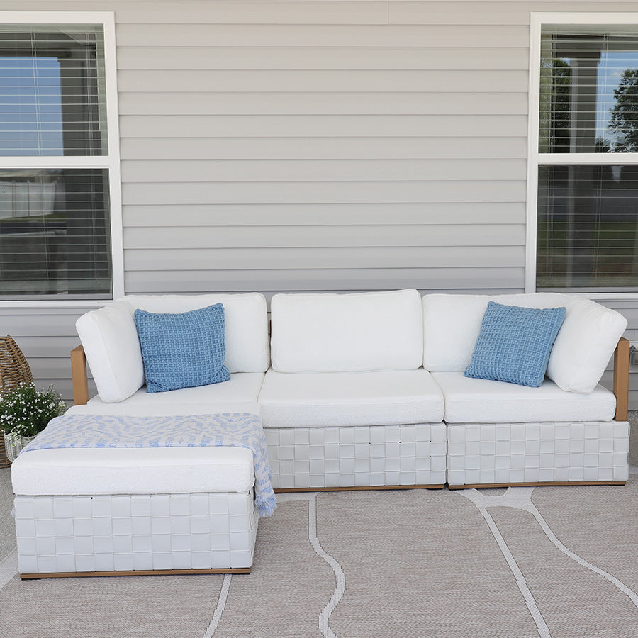 PURPLE LEAF Griffin L-shaped Patio Conversation Set White with Cushion Pillows Ottoman and Premium Leather for Patio Balcony