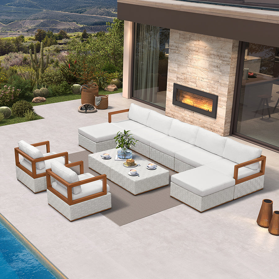 PURPLE LEAF Griffin Classical Patio Conversation Set White with Cushion Pillows Ottoman and Premium Leather for Backyard Outdoor Living