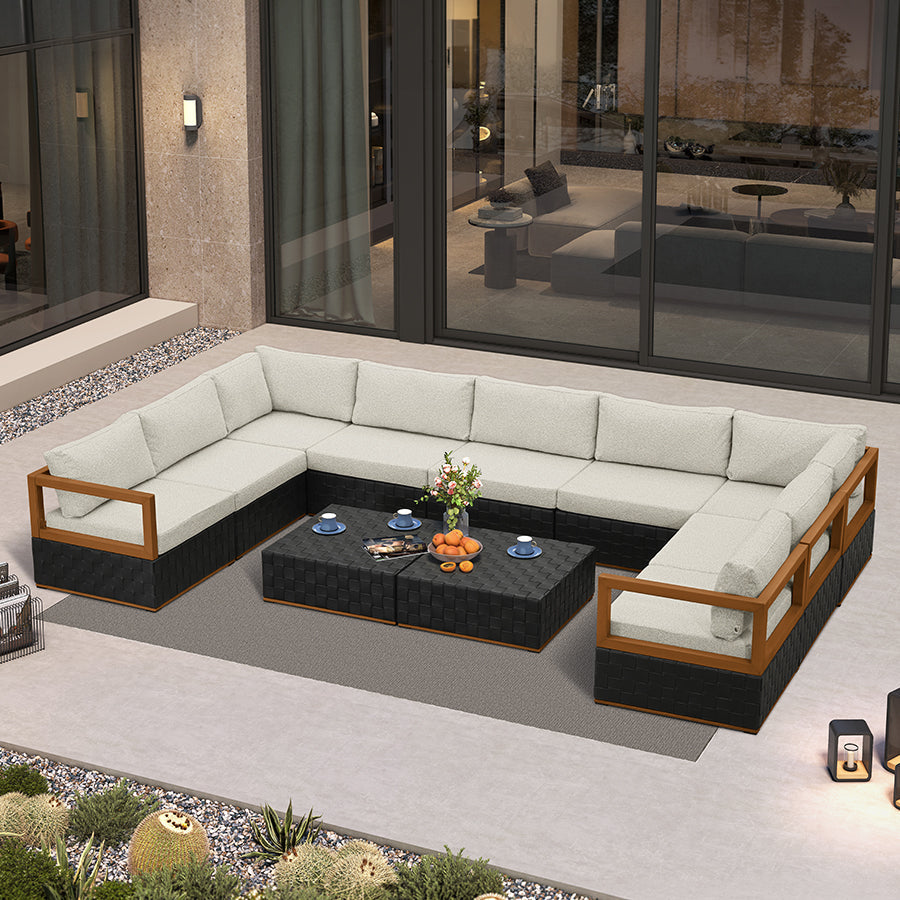 PURPLE LEAF Griffin U-shaped Patio Conversation Set Black with Cushion Pillows Ottoman and Premium Leather for Gathering Entertaining