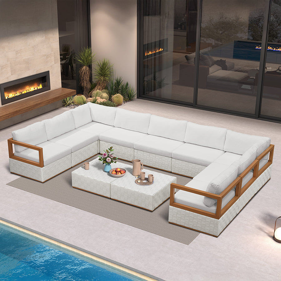 PURPLE LEAF Griffin U-shaped Patio Conversation Set White with Cushion Pillows Ottoman and Premium Leather for Gathering Entertaining