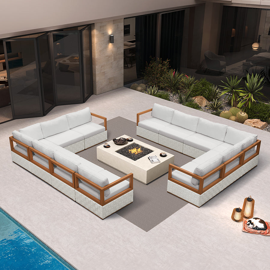 PURPLE LEAF Griffin L-shaped Patio Conversation Set White with Cushion Pillows Ottoman and Premium Leather for Patio Balcony