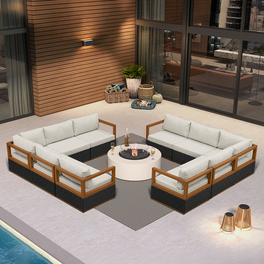PURPLE LEAF Griffin Symmetrical Patio Conversation Set Black with Cushion Pillows Ottoman and Premium Leather for Luxury Outdoor Living