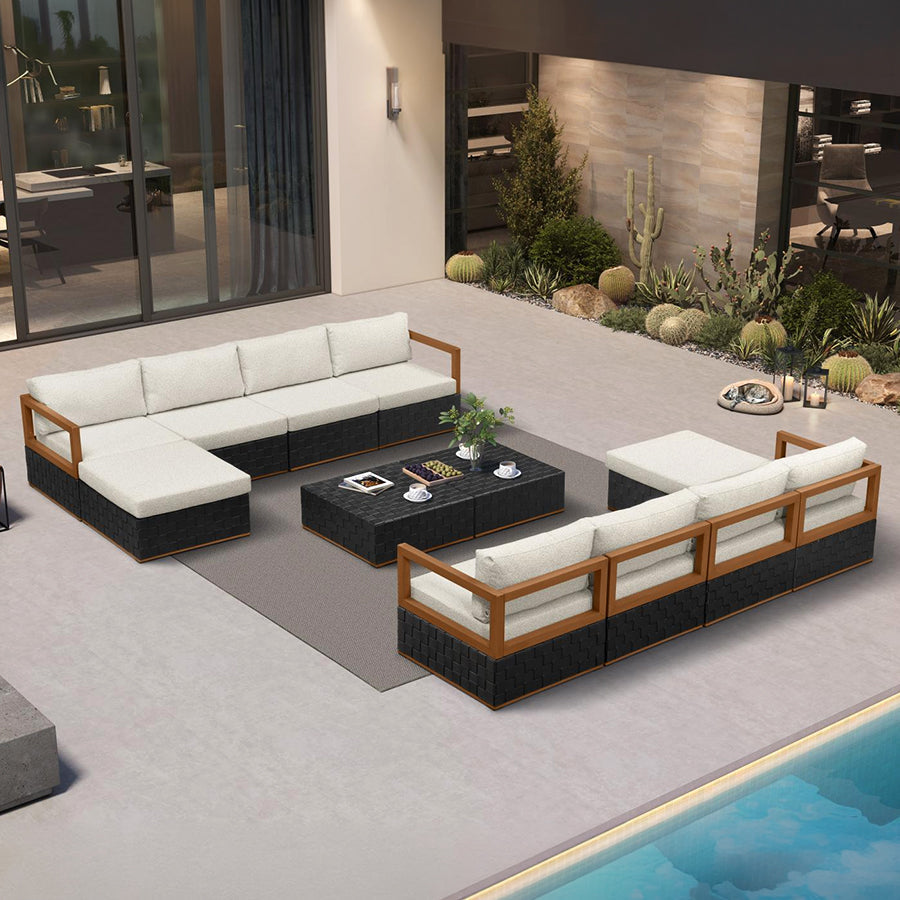 PURPLE LEAF Griffin Symmetrical Patio Conversation Set Black with Cushion Pillows Ottoman and Premium Leather for Luxury Outdoor Living