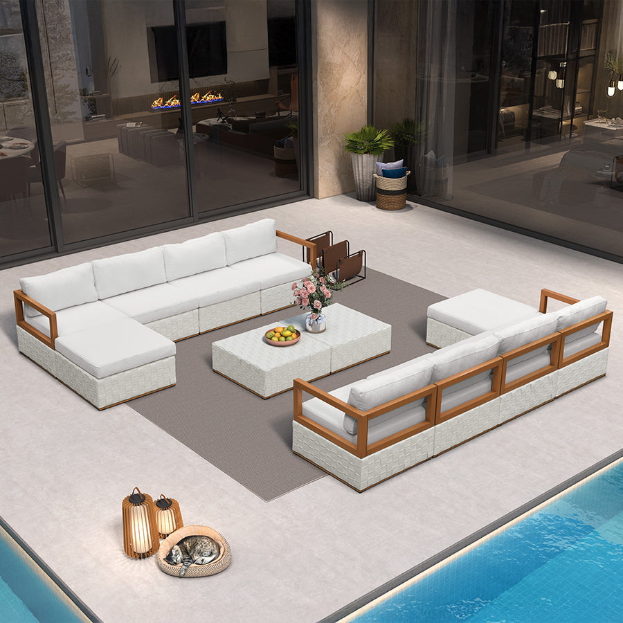 PURPLE LEAF Griffin Symmetrical Patio Conversation Set White with Cushion Pillows Ottoman and Premium Leather for Luxury Outdoor Living