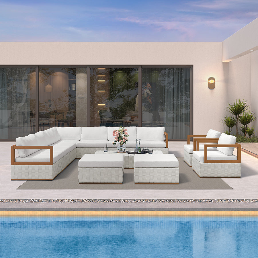 PURPLE LEAF Griffin L-shaped Patio Conversation Set White with Cushion Pillows Ottoman and Premium Leather for Patio Balcony