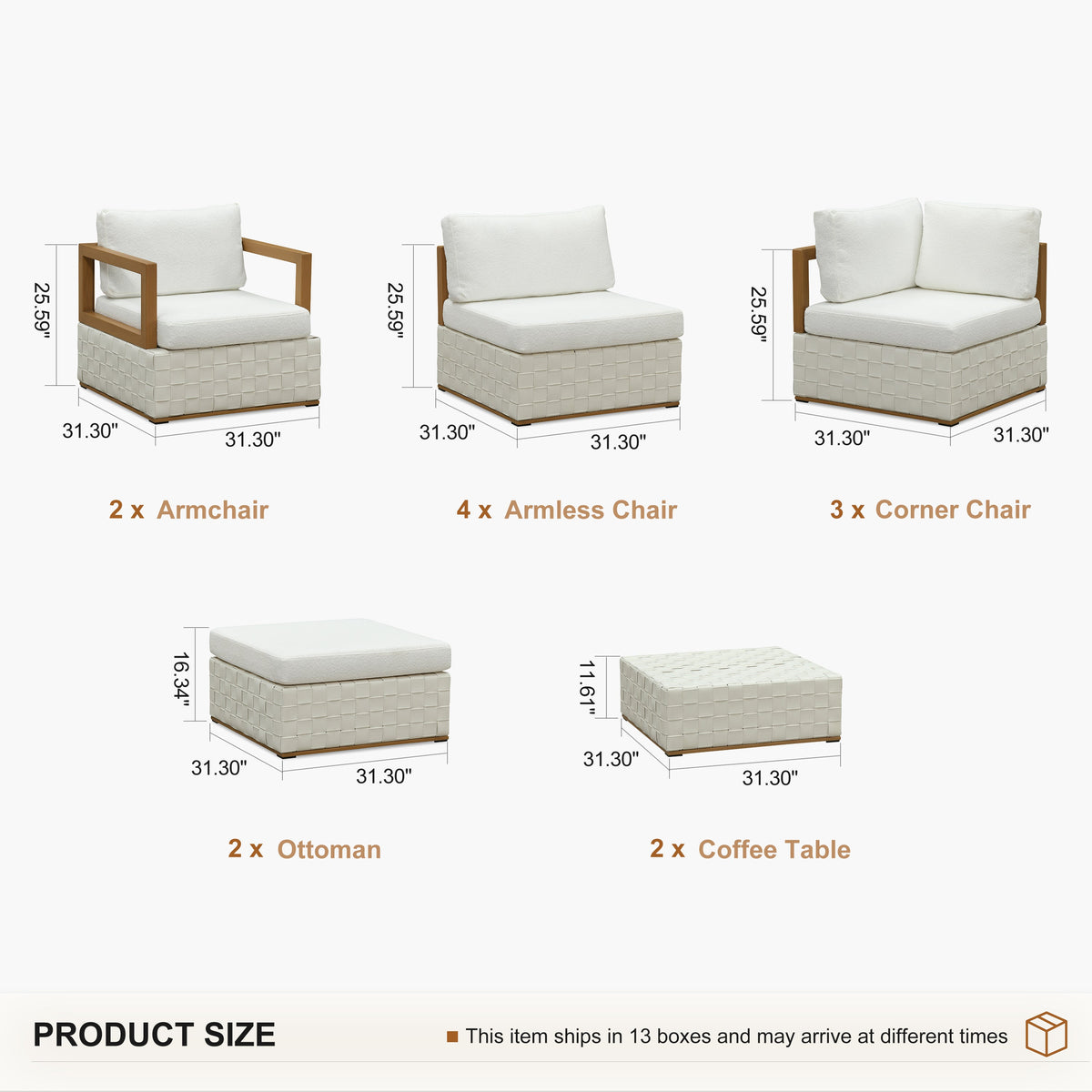PURPLE LEAF Griffin L-shaped Patio Conversation Set White with Cushion Pillows Ottoman and Premium Leather for Patio Balcony