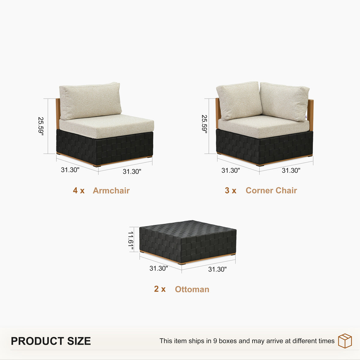 PURPLE LEAF Griffin L-shaped Patio Conversation Set Black with Cushion Pillows Ottoman and Premium Leather for Patio Balcony