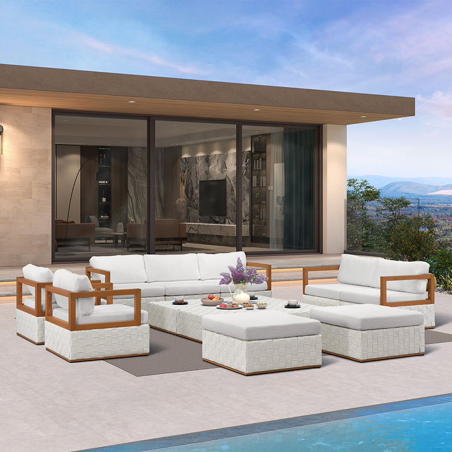 PURPLE LEAF Griffin Classical Patio Conversation Set White with Cushion Pillows Ottoman and Premium Leather for Backyard Outdoor Living