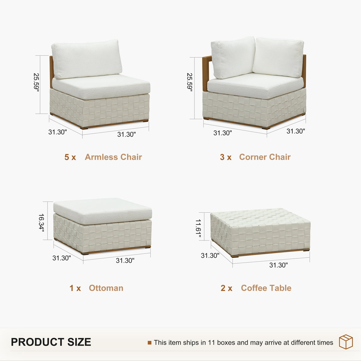 PURPLE LEAF Griffin L-shaped Patio Conversation Set White with Cushion Pillows Ottoman and Premium Leather for Patio Balcony