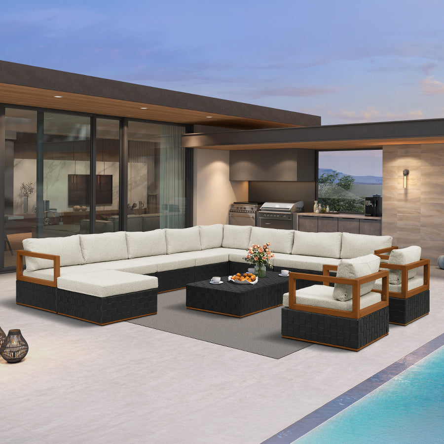 PURPLE LEAF Griffin U-shaped Patio Conversation Set Black with Cushion Pillows Ottoman and Premium Leather for Gathering Entertaining