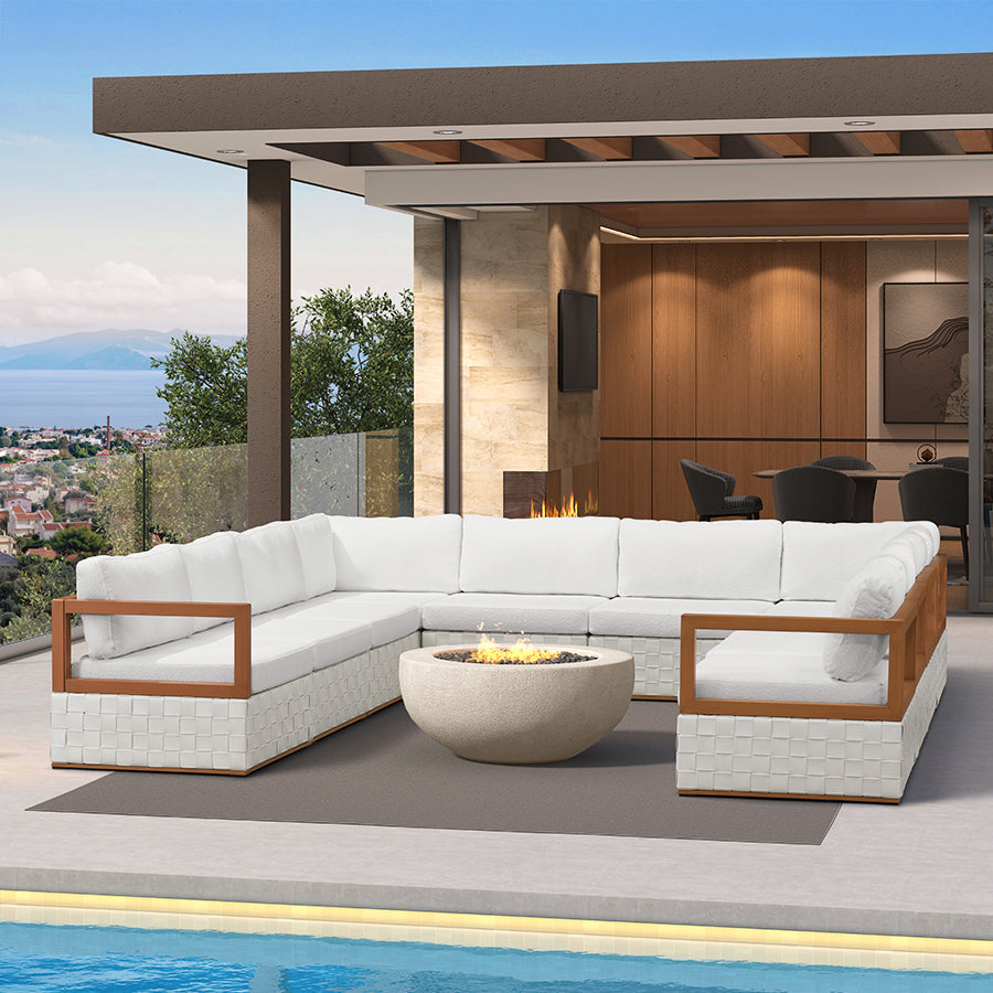 PURPLE LEAF Griffin U-shaped Patio Conversation Set White with Cushion Pillows Ottoman and Premium Leather for Gathering Entertaining