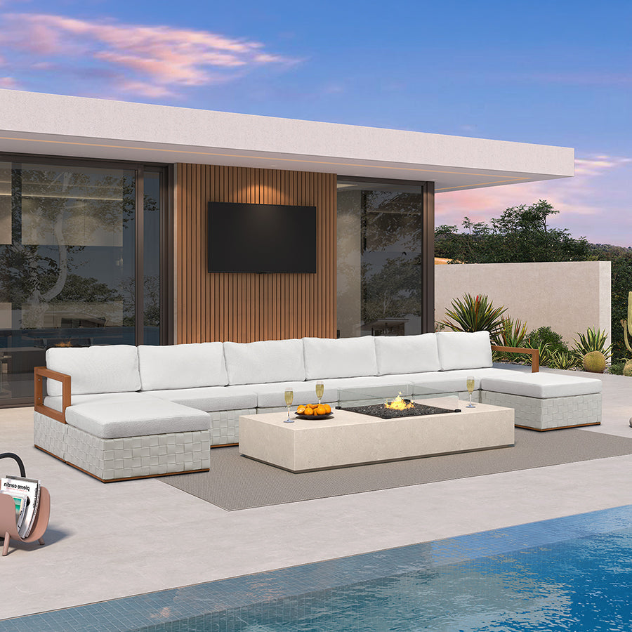 PURPLE LEAF Griffin U-shaped Patio Conversation Set White with Cushion Pillows Ottoman and Premium Leather for Gathering Entertaining