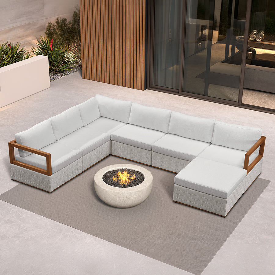 PURPLE LEAF Griffin U-shaped Patio Conversation Set White with Cushion Pillows Ottoman and Premium Leather for Gathering Entertaining