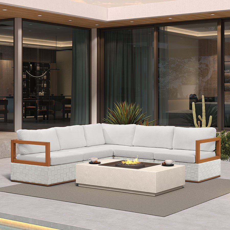 PURPLE LEAF Griffin L-shaped Patio Conversation Set White with Cushion Pillows Ottoman and Premium Leather for Patio Balcony