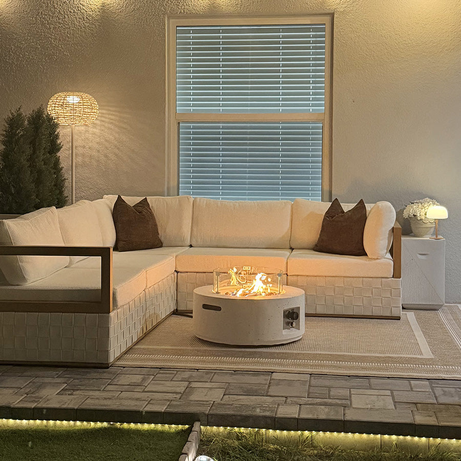 PURPLE LEAF Griffin L-shaped Patio Conversation Set White with Cushion Pillows Ottoman and Premium Leather for Patio Balcony