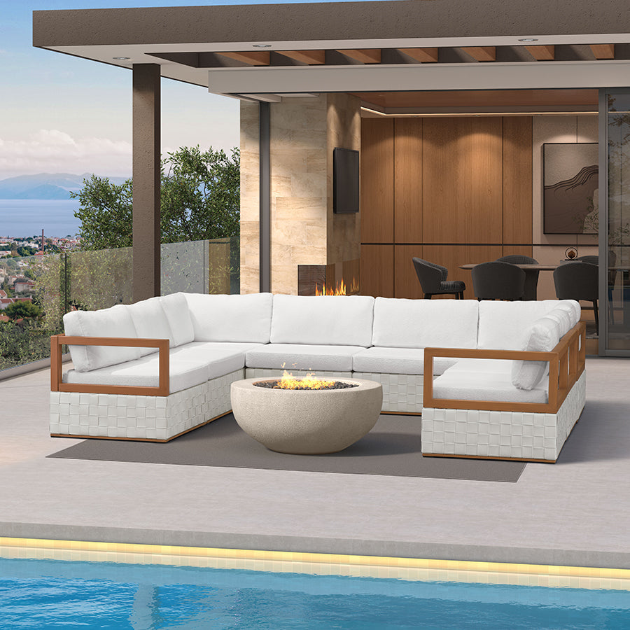 PURPLE LEAF Griffin U-shaped Patio Conversation Set White with Cushion Pillows Ottoman and Premium Leather for Gathering Entertaining