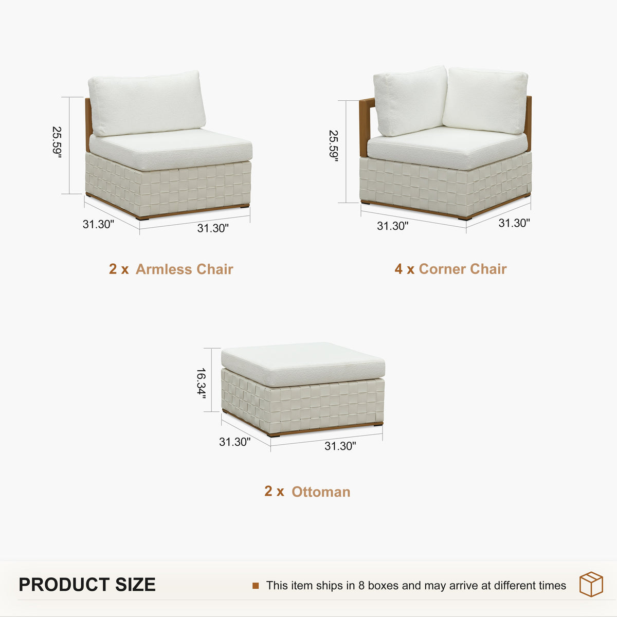 PURPLE LEAF Griffin L-shaped Patio Conversation Set White with Cushion Pillows Ottoman and Premium Leather for Patio Balcony
