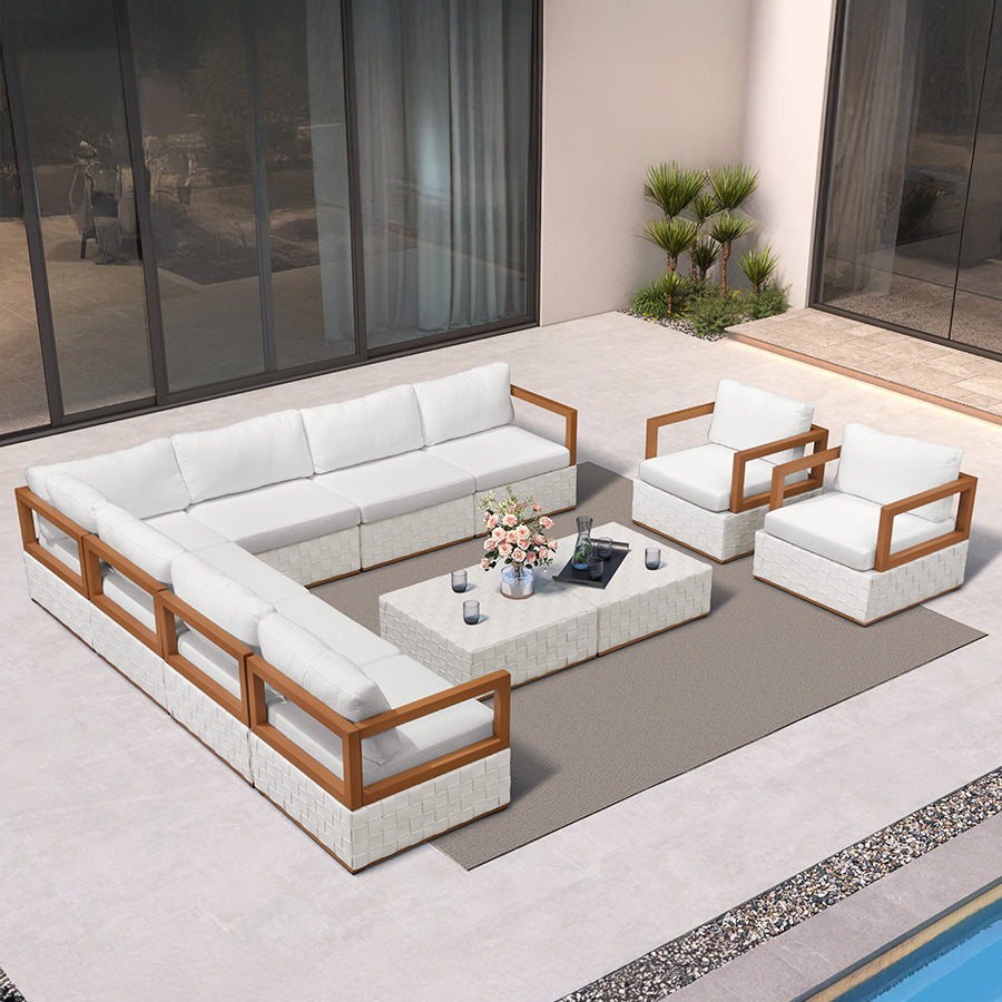PURPLE LEAF Griffin Classical Patio Conversation Set White with Cushion Pillows Ottoman and Premium Leather for Backyard Outdoor Living
