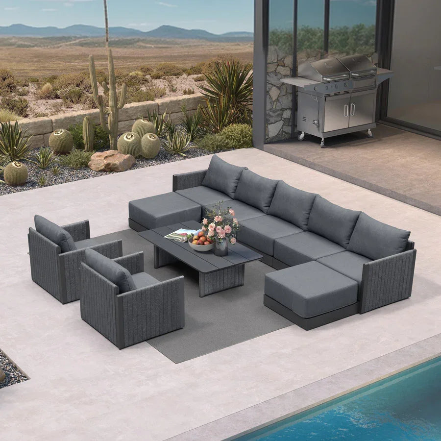 PURPLE LEAF Athena Louvered Pergola Modern Grey Pergola White Roof with Sanori Patio Couch Set Modular Sofas for Deck Backyard Garden