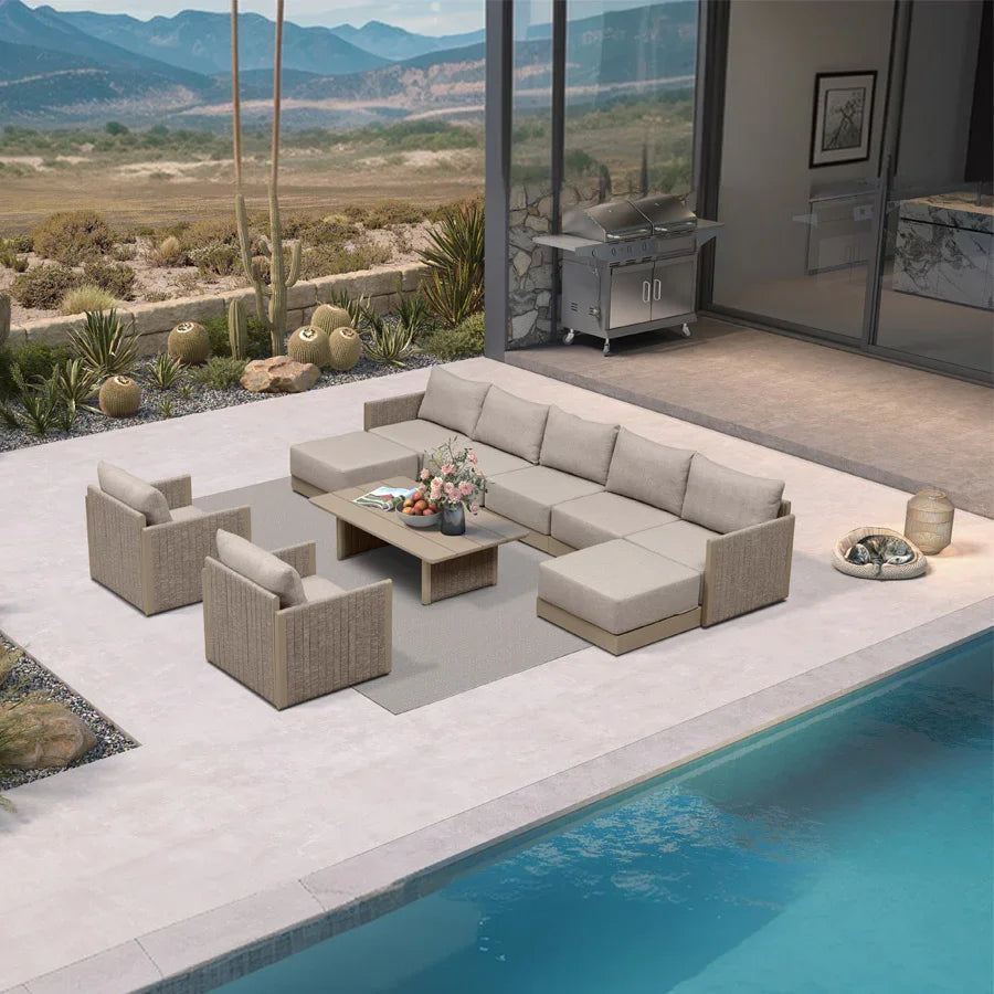 PURPLE LEAF Sanori Beige Symmetrical Outdoor Sectional  Modular Design with Cushions and Ottoman for Porch