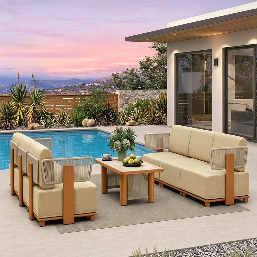 PURPLE LEAF Breck Open-End Modular Outdoor Sectional with Wood-Grain Aluminum Frame and Thick Teak-Colored Cushions for Open-Air Comfort