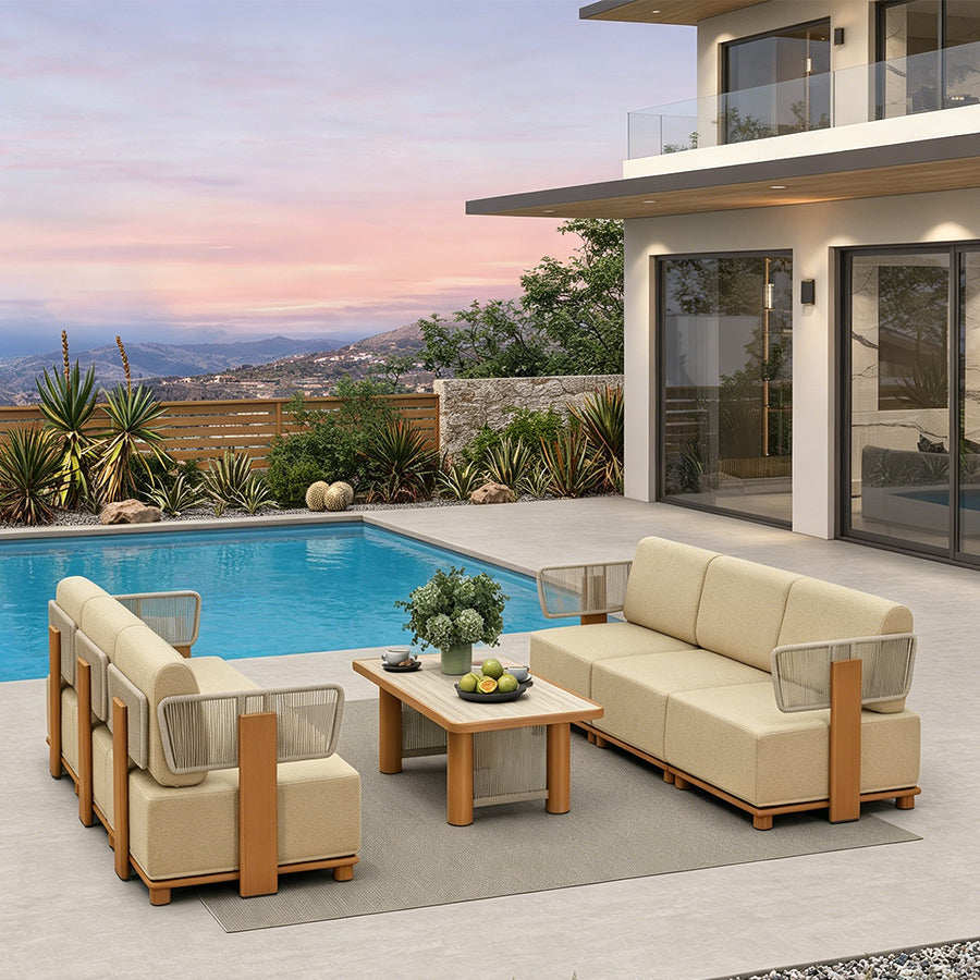 PURPLE LEAF Breck Open-End Modular Outdoor Sectional with Wood-Grain Aluminum Frame and Thick Teak-Colored Cushions for Open-Air Comfort