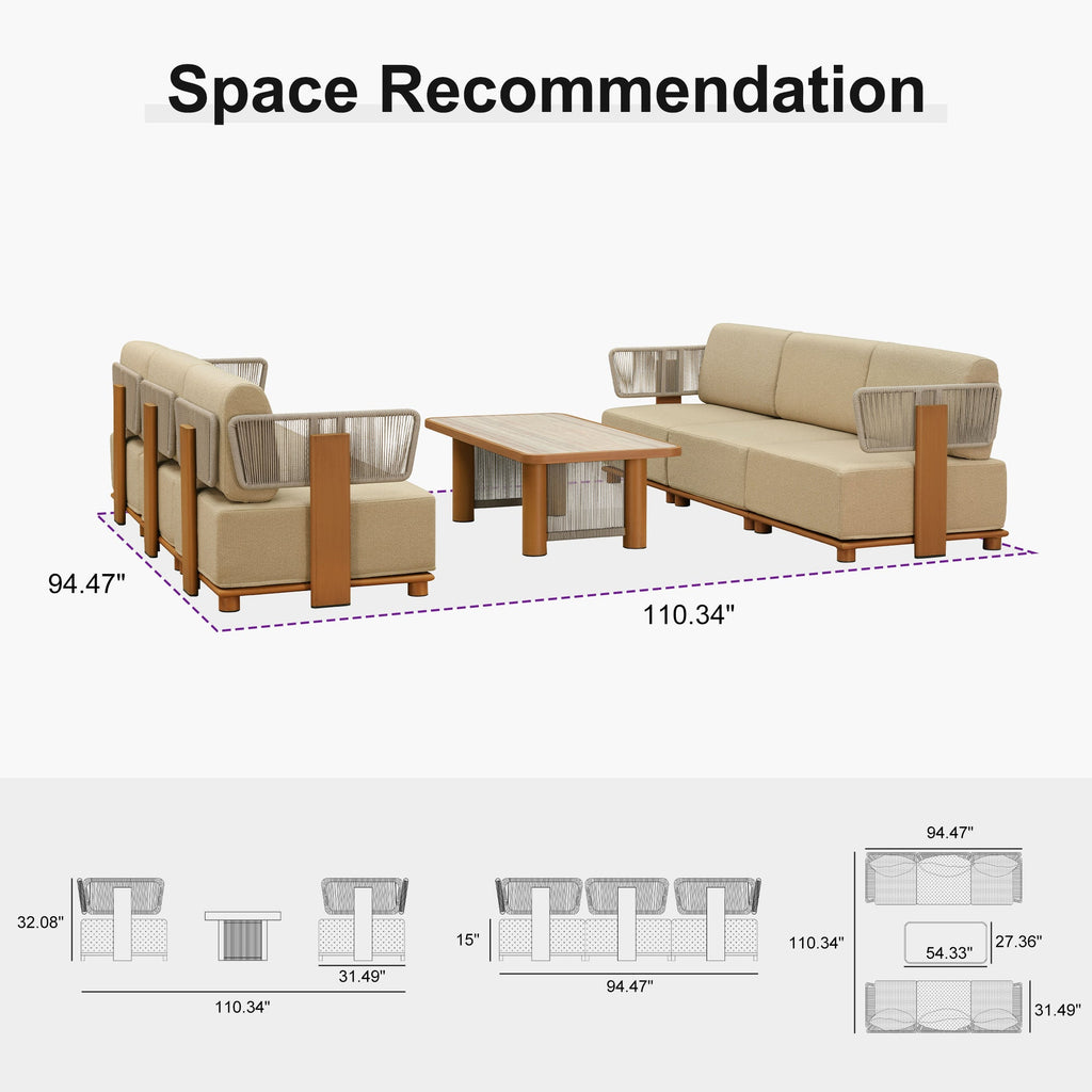 PURPLE LEAF Breck Open-End Modular Outdoor Sectional with Wood-Grain Aluminum Frame and Thick Teak-Colored Cushions for Open-Air Comfort