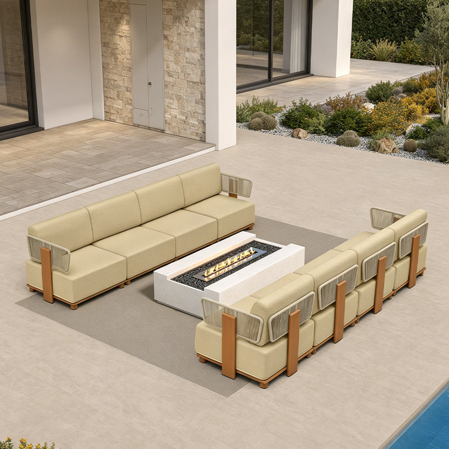 PURPLE LEAF Breck Open-End Modular Outdoor Sectional with Wood-Grain Aluminum Frame and Thick Teak-Colored Cushions for Open-Air Comfort