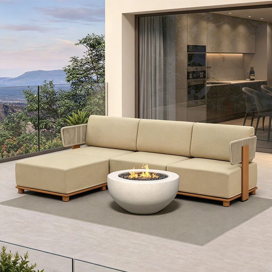 PURPLE LEAF Breck L-Shaped Modular Outdoor Sectional with Wood-Grain Aluminum Frame and Thick Teak-Colored Cushions for Luxury Backyard Lounge