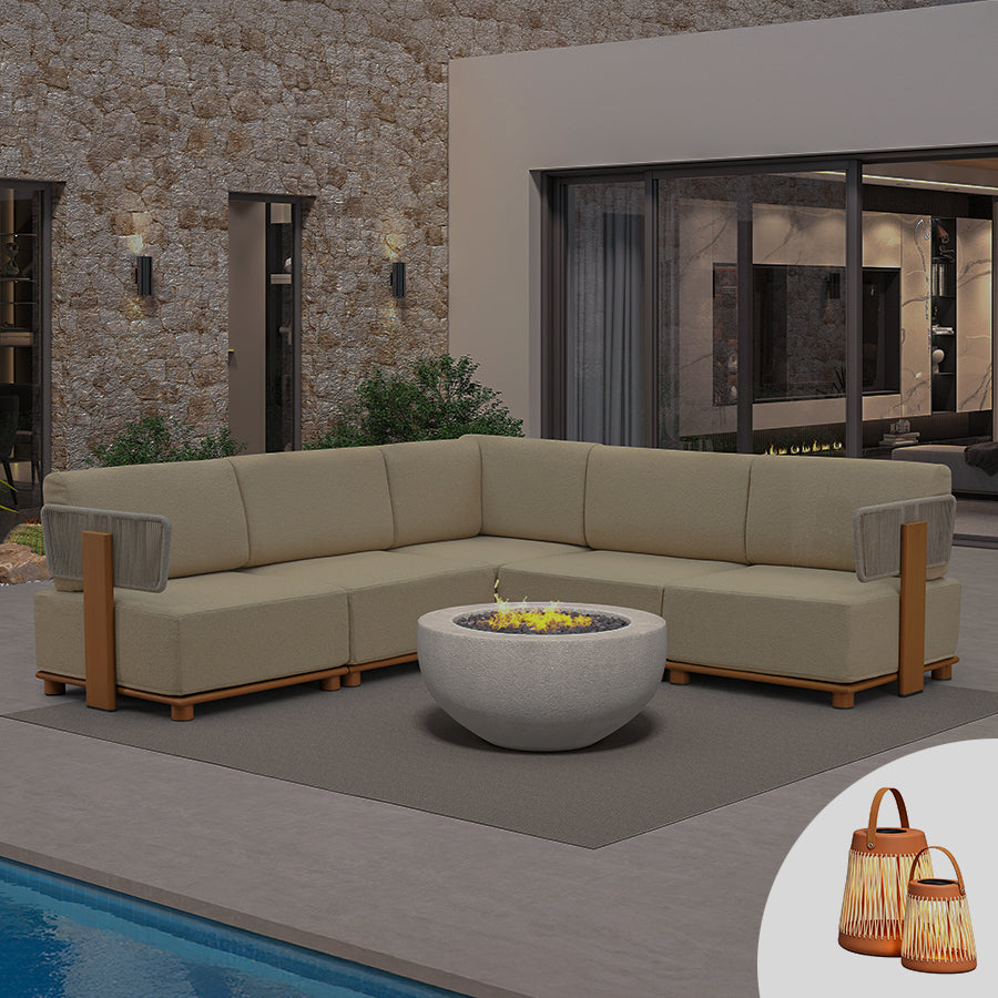 PURPLE LEAF Breck L-Shaped Modular Outdoor Sectional with Wood-Grain Aluminum Frame and Thick Teak-Colored Cushions for Luxury Backyard Lounge