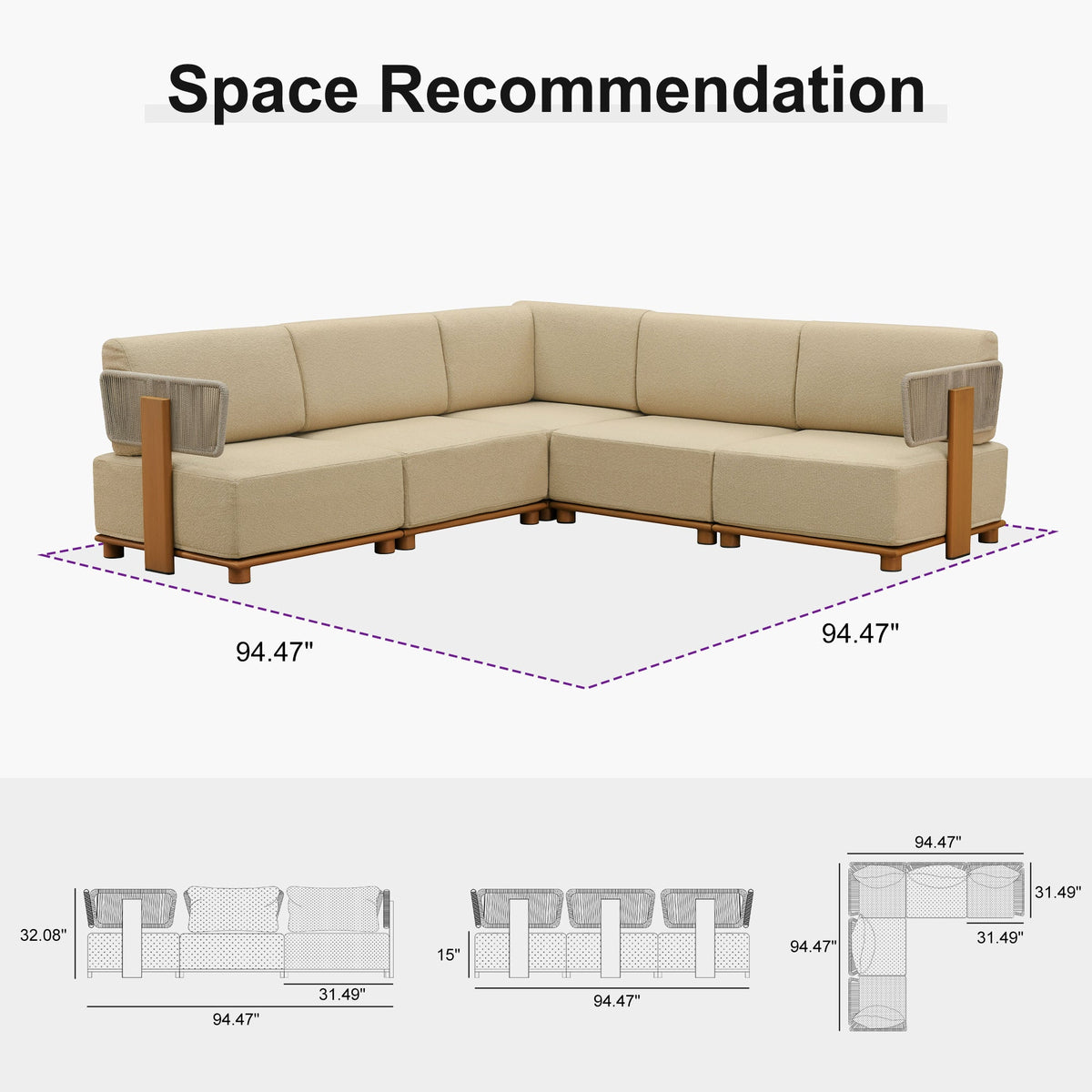 PURPLE LEAF Breck L-Shaped Modular Outdoor Sectional with Wood-Grain Aluminum Frame and Thick Teak-Colored Cushions for Luxury Backyard Lounge
