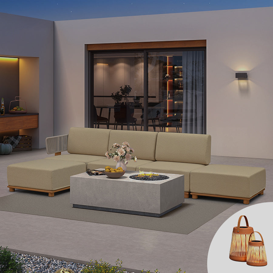 PURPLE LEAF Breck L-Shaped Modular Outdoor Sectional with Wood-Grain Aluminum Frame and Thick Teak-Colored Cushions for Luxury Backyard Lounge