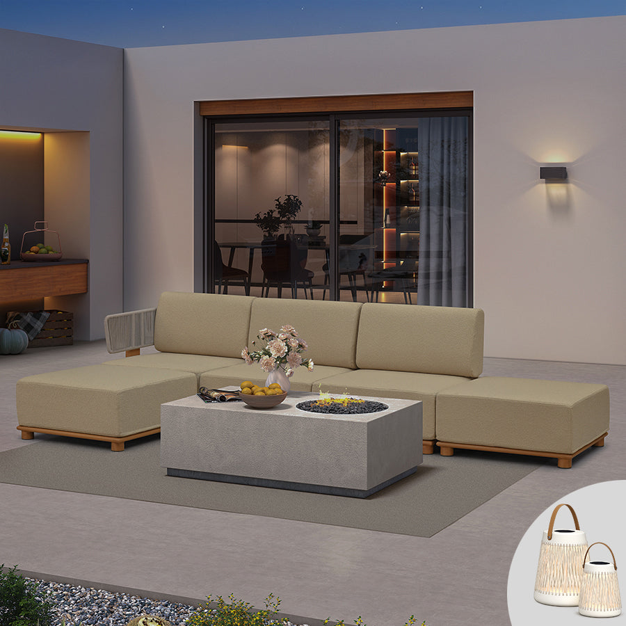 PURPLE LEAF Breck L-Shaped Modular Outdoor Sectional with Wood-Grain Aluminum Frame and Thick Teak-Colored Cushions for Luxury Backyard Lounge
