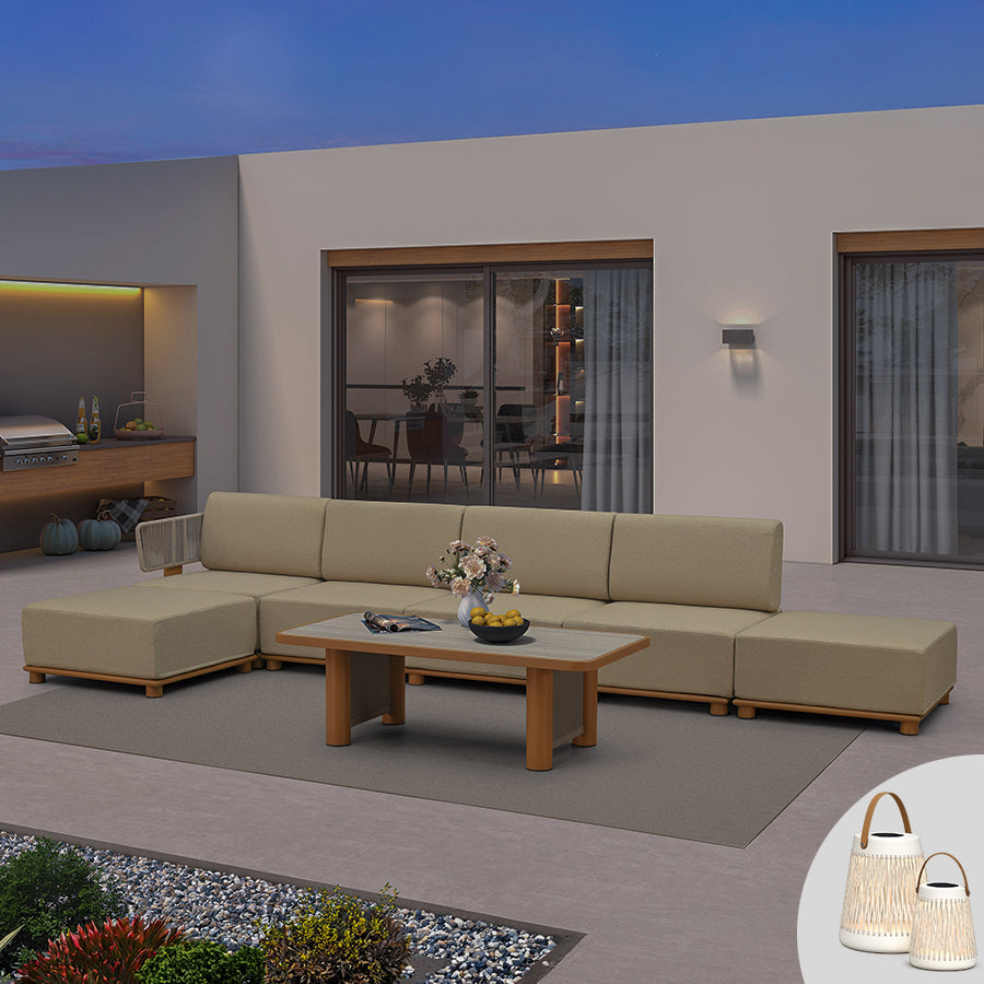 PURPLE LEAF Breck L-Shaped with table Modular Outdoor Sectional with Wood-Grain Aluminum Frame and Thick Teak-Colored Cushions for Luxury Backyard Lounge